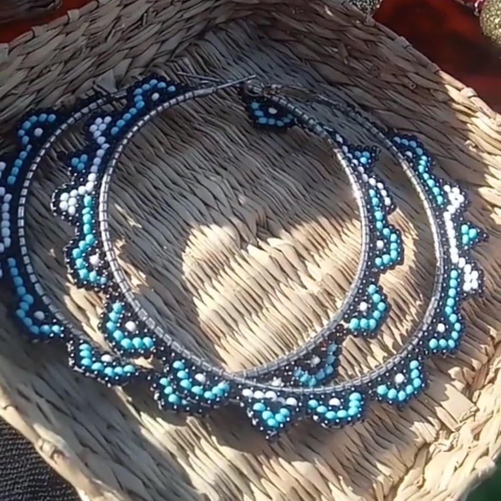 Elegant Blue and Silver Beaded Hoop Earrings